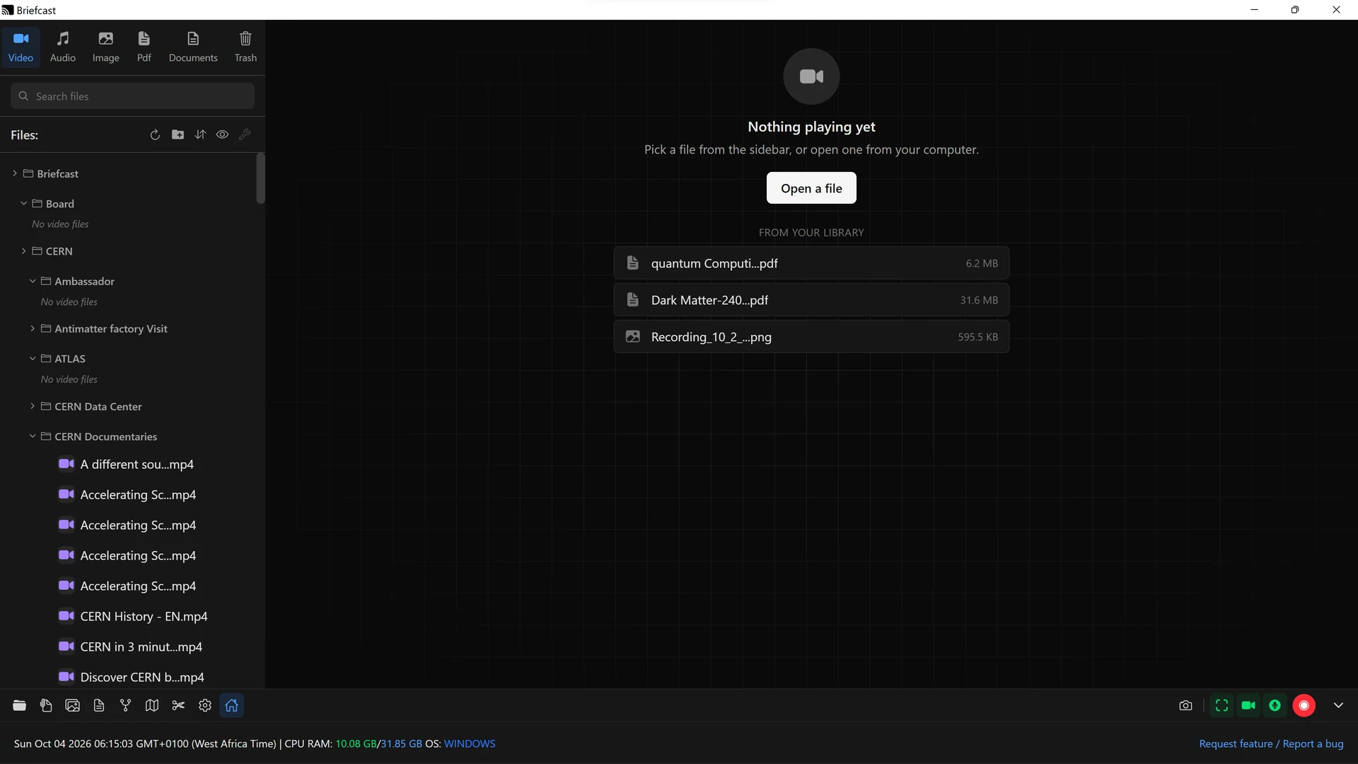 The Briefcast app window, with the file library on the left and recording controls along the bottom